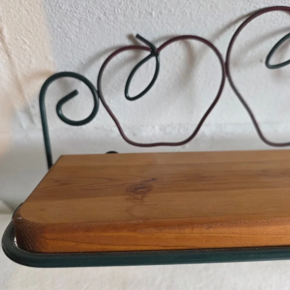 Vintage 90s Home Interiors Wood and Wrought Iron Apple Shelf Towel Bar Red Green